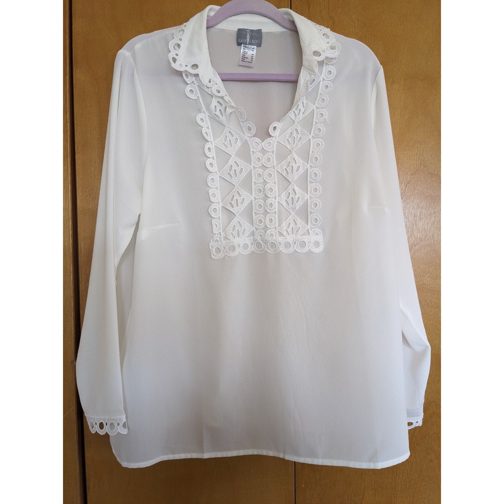 Fair Lady White Eyelet Lace Bib Blouse Long‎ Sleeve Boho Top USA 14 EU 46